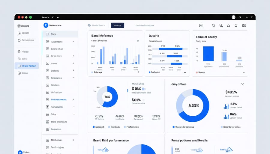 Analytics dashboard displaying brand performance metrics, engagement rates, and growth indicators