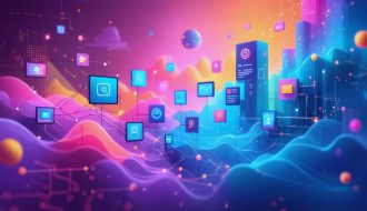 Abstract illustration depicting digital brand transformation with interconnected elements symbolizing marketing strategies, storytelling, and engagement.