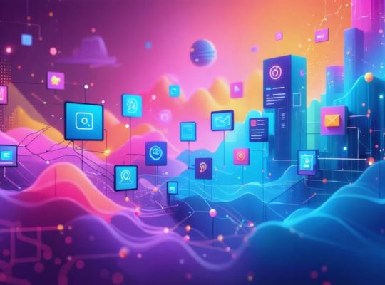 Abstract illustration depicting digital brand transformation with interconnected elements symbolizing marketing strategies, storytelling, and engagement.