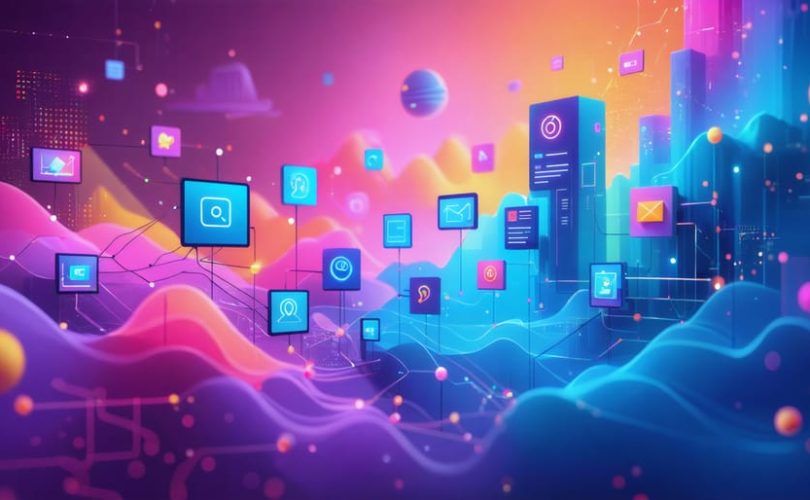 Abstract illustration depicting digital brand transformation with interconnected elements symbolizing marketing strategies, storytelling, and engagement.