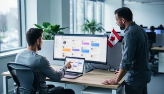 Two digital marketers in a modern Canadian office point at a laptop and monitor with blurred online community interface, with plants and a small Canadian flag in the background, suggesting collaboration on Reddit-focused advertising strategy