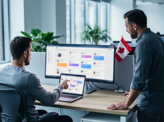 Two digital marketers in a modern Canadian office point at a laptop and monitor with blurred online community interface, with plants and a small Canadian flag in the background, suggesting collaboration on Reddit-focused advertising strategy