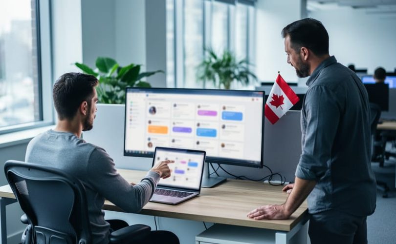 Two digital marketers in a modern Canadian office point at a laptop and monitor with blurred online community interface, with plants and a small Canadian flag in the background, suggesting collaboration on Reddit-focused advertising strategy