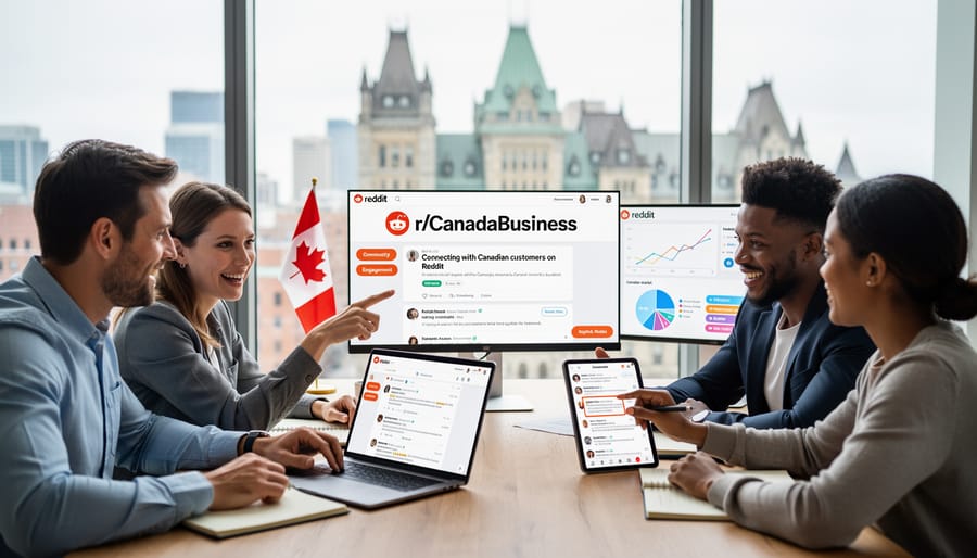 Marketing team collaborating on Reddit advertising strategy in modern office