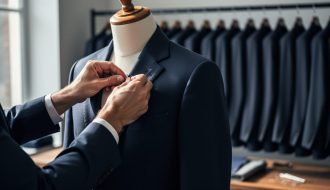 Tailor pinning a navy jacket on a dress form in a studio, with rows of identical dark suits softly blurred in the background under gentle window light.