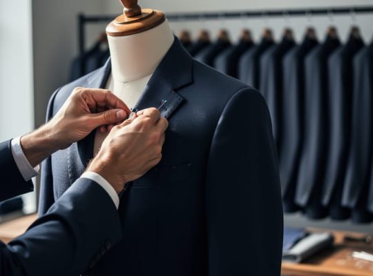 Tailor pinning a navy jacket on a dress form in a studio, with rows of identical dark suits softly blurred in the background under gentle window light.