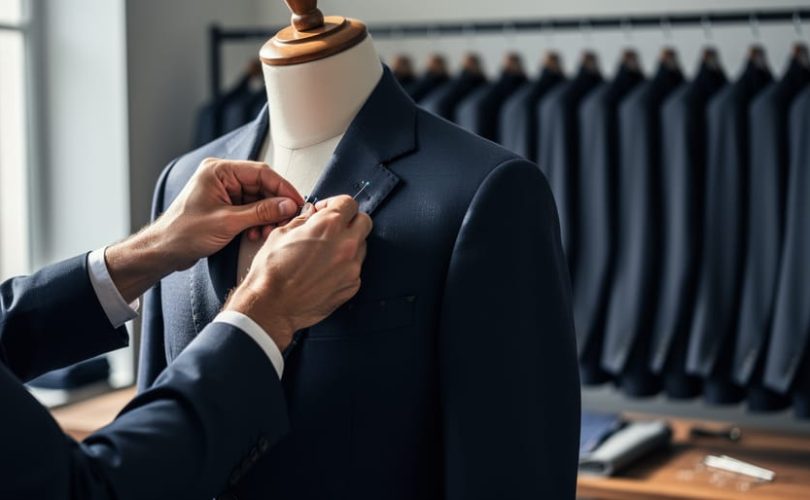Tailor pinning a navy jacket on a dress form in a studio, with rows of identical dark suits softly blurred in the background under gentle window light.