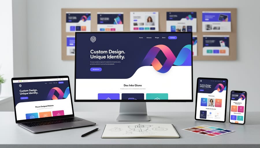 Modern desktop computer displaying custom-designed website with unique layout and branding