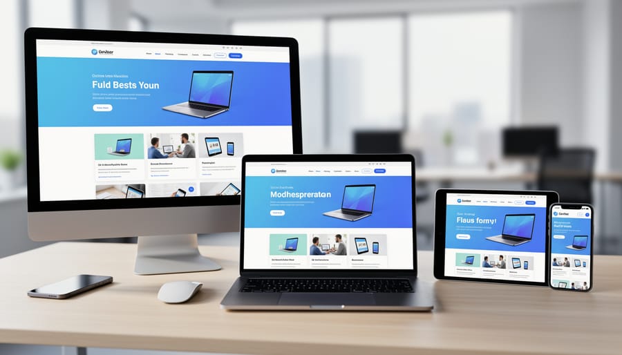 Person working on laptop with multiple devices showing responsive website design