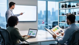 A B2B marketing team in a modern office reviewing a strategy on a laptop and digital display, representing how SEO services attract qualified business leads.