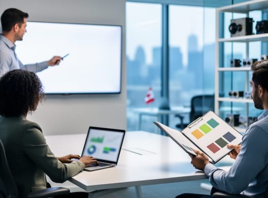 A B2B marketing team in a modern office reviewing a strategy on a laptop and digital display, representing how SEO services attract qualified business leads.
