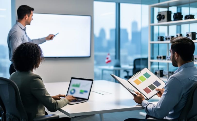 A B2B marketing team in a modern office reviewing a strategy on a laptop and digital display, representing how SEO services attract qualified business leads.