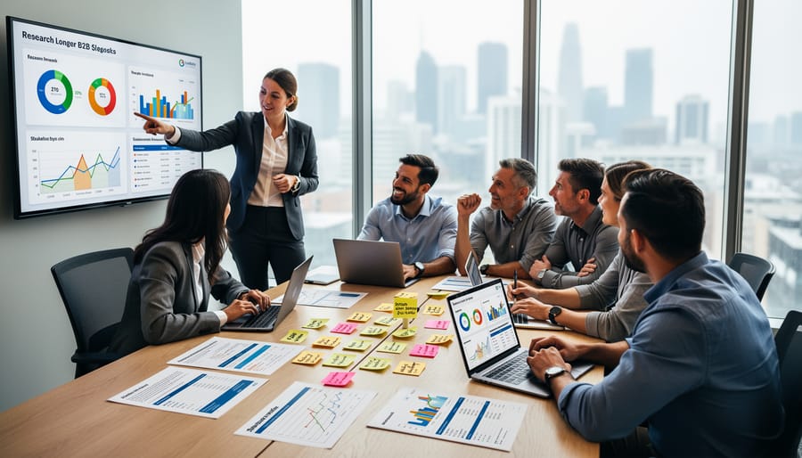 B2B team collaborating around a conference table with laptops and documents in an office