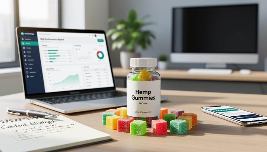 Hemp gummy bottle on a desk next to a notebook and laptop