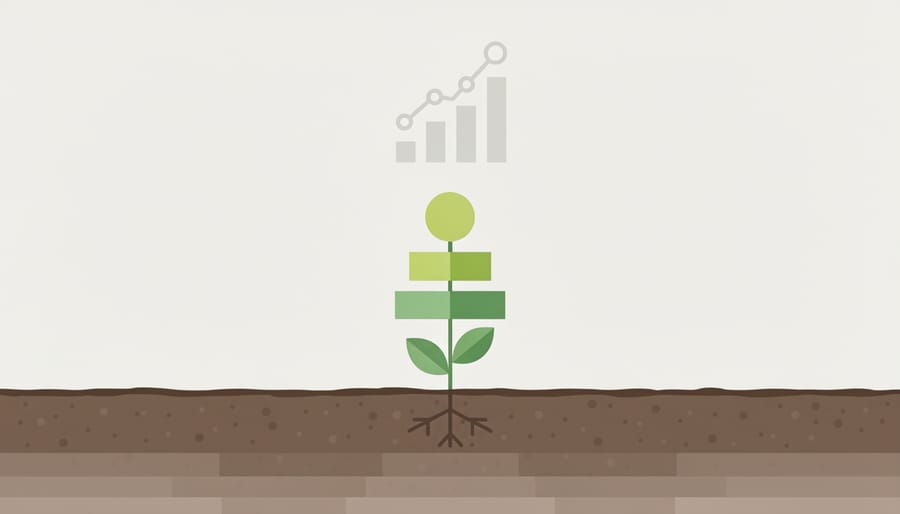 Macro view of rich dark soil with healthy roots and new green sprouts growing upward, symbolizing organic growth.