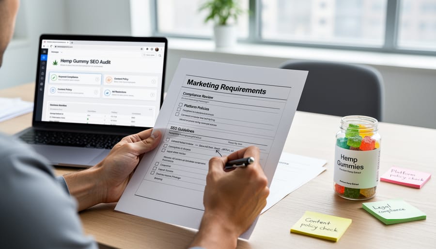 Person reviewing a checklist while holding a smartphone in a modern marketing office
