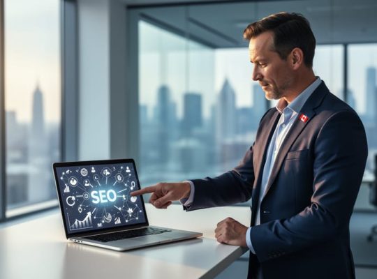 Canadian professional in an office pointing to a laptop with abstract SEO-related visuals, representing search engine optimization marketing and growth.