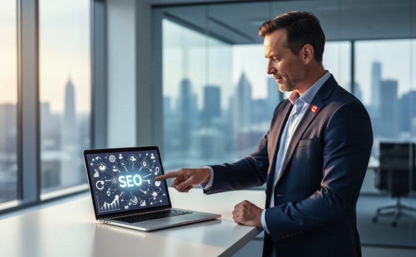 Canadian professional in an office pointing to a laptop with abstract SEO-related visuals, representing search engine optimization marketing and growth.