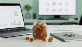 Amber hemp gummies in a glass jar next to a laptop showing non-readable SEO analytics-style graphics in a modern office setting