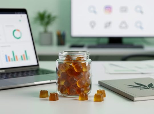 Amber hemp gummies in a glass jar next to a laptop showing non-readable SEO analytics-style graphics in a modern office setting