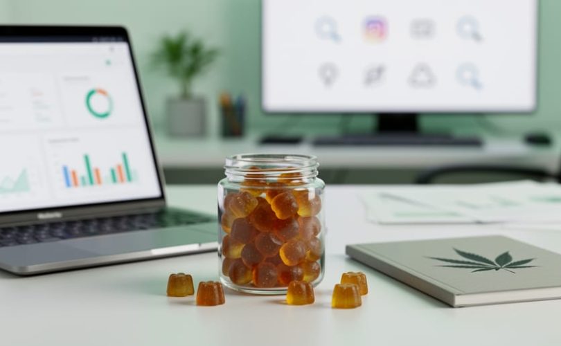 Amber hemp gummies in a glass jar next to a laptop showing non-readable SEO analytics-style graphics in a modern office setting