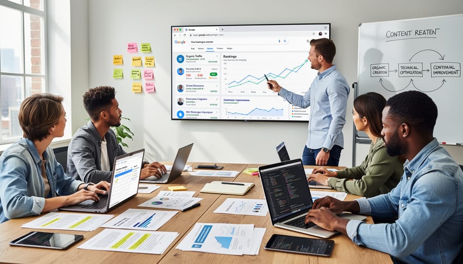 Team members collaborating around a table with devices and marketing materials in a bright office setting.