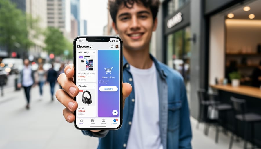 Hand holding a smartphone with a mobile shopping interface experience shown without readable text