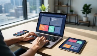 “Designer’s hands using a laptop with responsive layout imagery while a smartphone and tablet sit on a Toronto web design studio desk.”