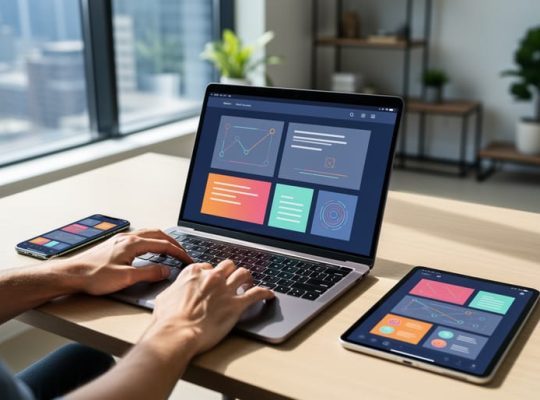 “Designer’s hands using a laptop with responsive layout imagery while a smartphone and tablet sit on a Toronto web design studio desk.”