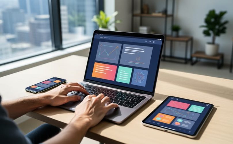 “Designer’s hands using a laptop with responsive layout imagery while a smartphone and tablet sit on a Toronto web design studio desk.”