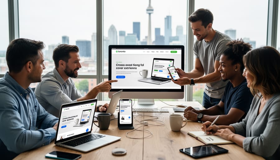 People in a Toronto office reviewing web design concepts on a laptop and tablet during a meeting